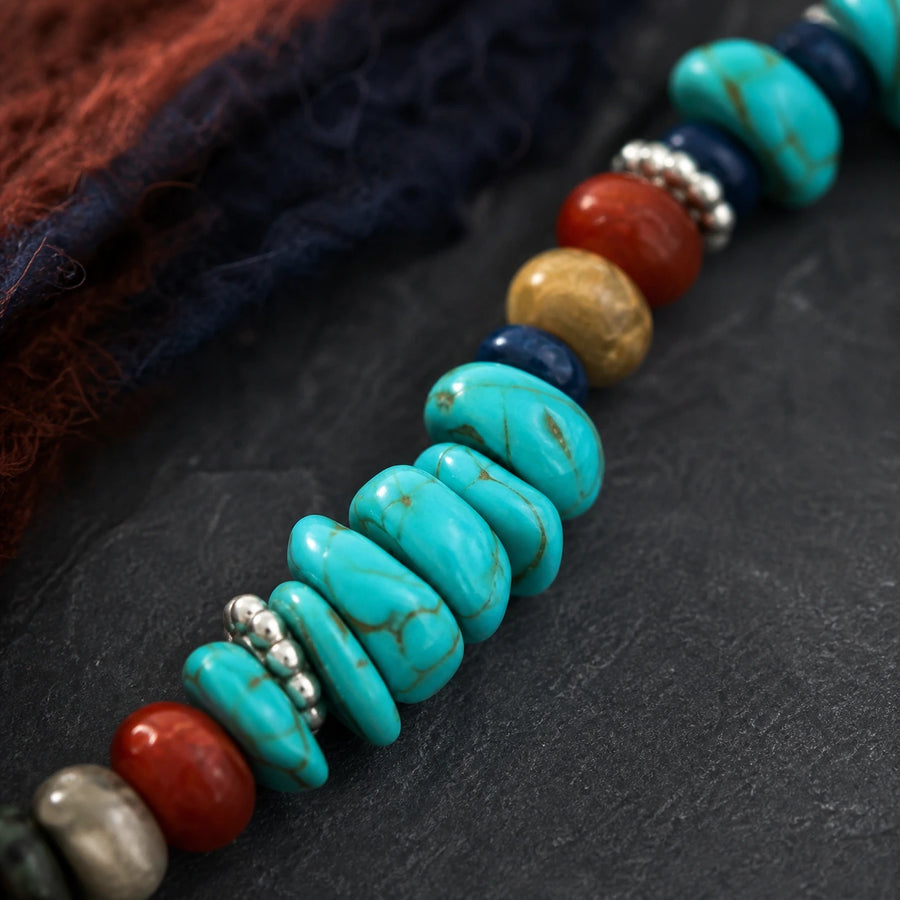 Close-up detail of turquoise chips and colorful mixed stone beads on Kailora bracelet detail view 3 | Kailora