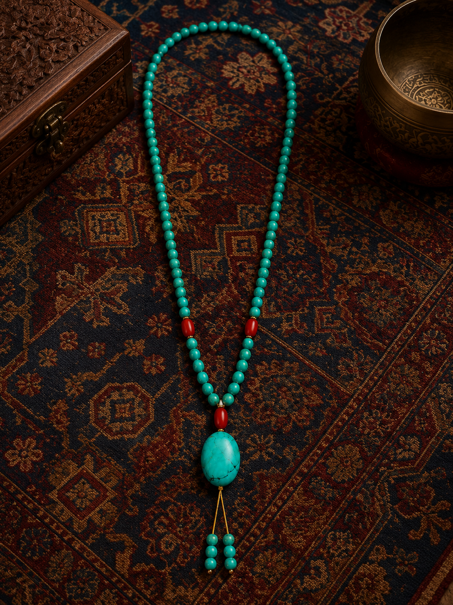 Kailora natural turquoise 108 mala necklace worn for everyday styling detail view 3 | Kailora