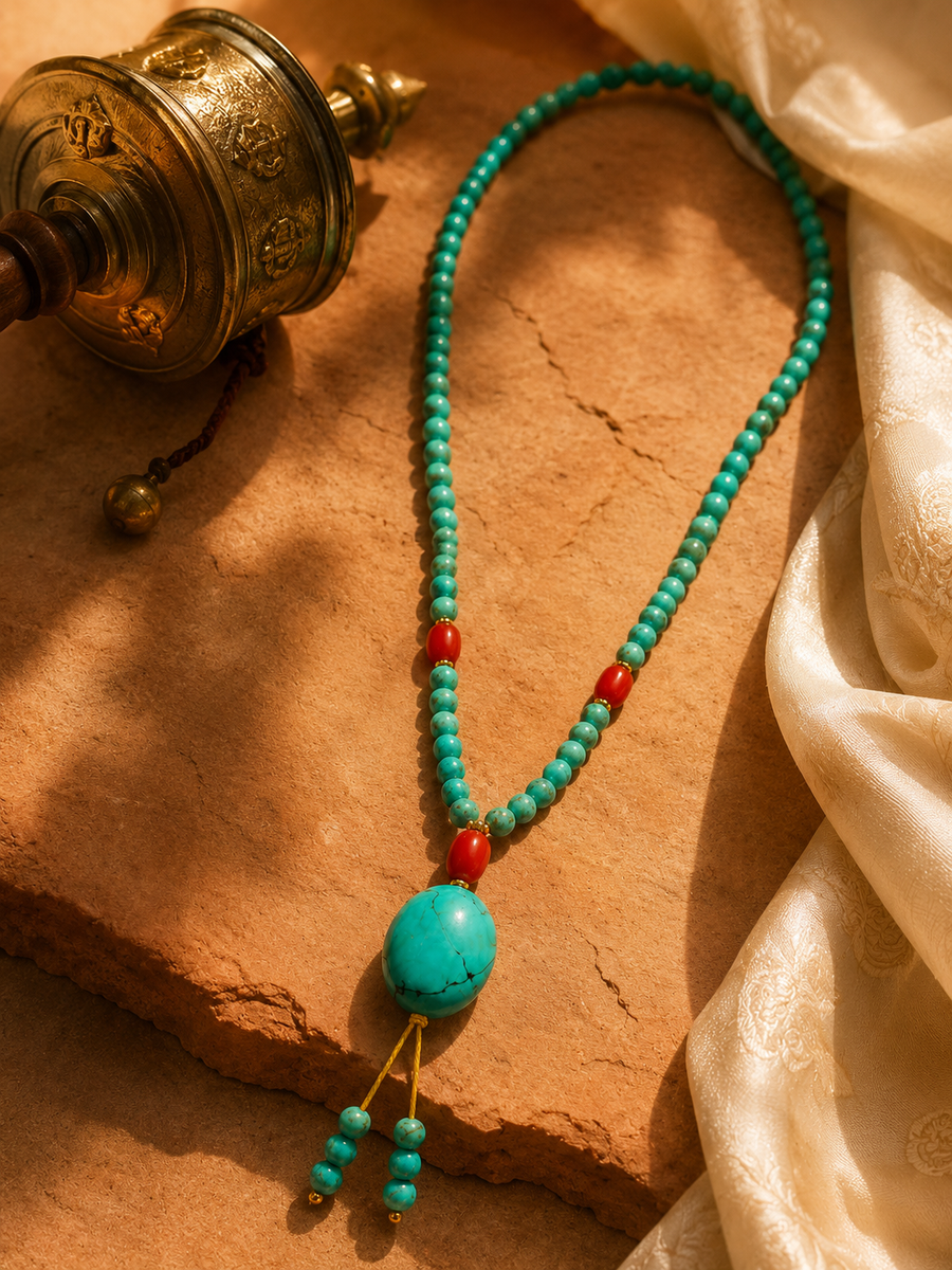 Kailora packaging shown with natural turquoise 108 mala necklace detail view 5 | Kailora