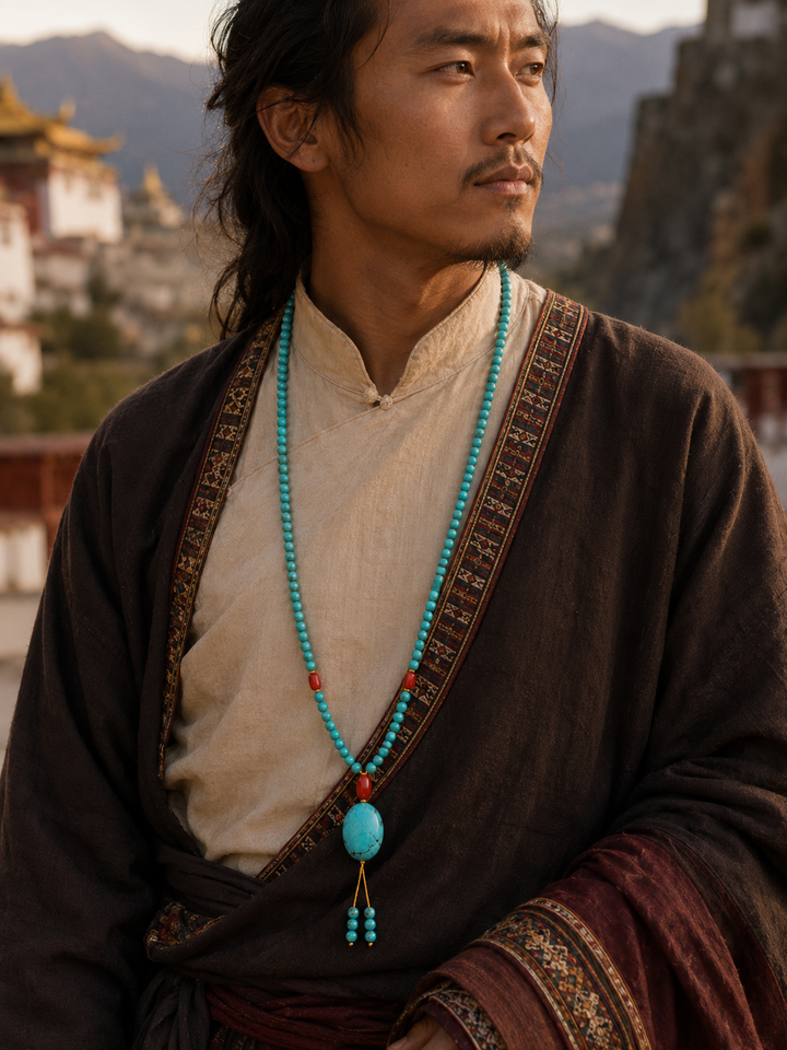 Natural turquoise 108 mala necklace front view by Kailora