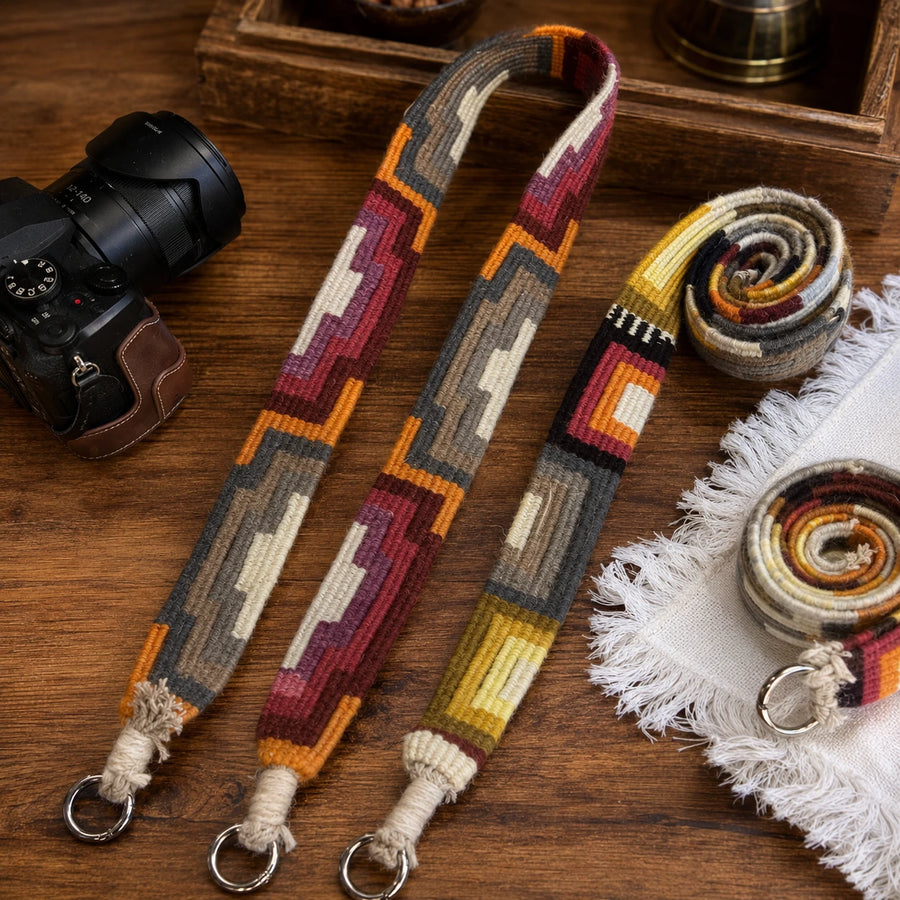Handwoven yak wool strap styled with a camera detail view 3 | Kailora