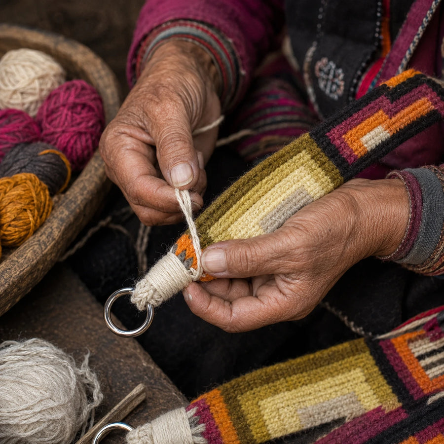 Hand-finishing process for a Tibetan handwoven yak wool strap detail view 8 | Kailora