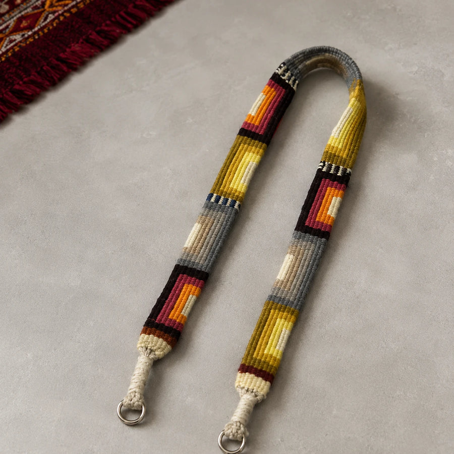 Mustard multi-color narrow handwoven yak wool camera and phone strap detail view 2 | Kailora