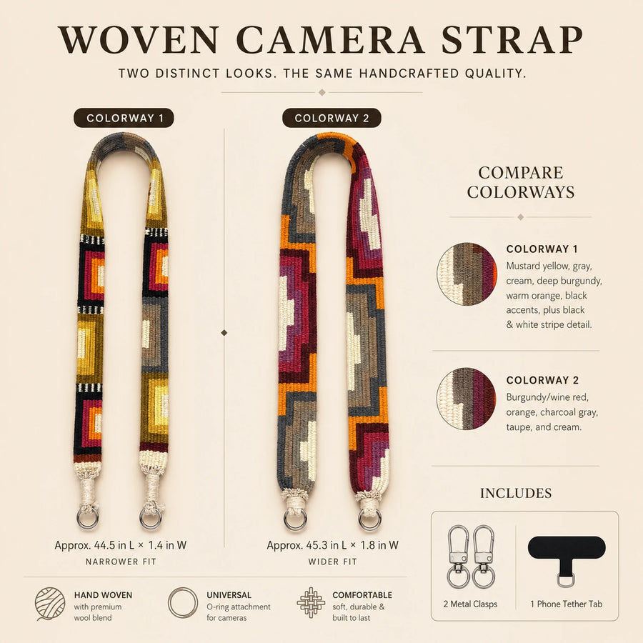 Size and colorway comparison for two handwoven yak wool strap styles detail view 5 | Kailora