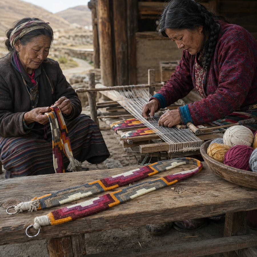 Traditional Tibetan weaving workshop creating handwoven yak wool straps detail view 9 | Kailora
