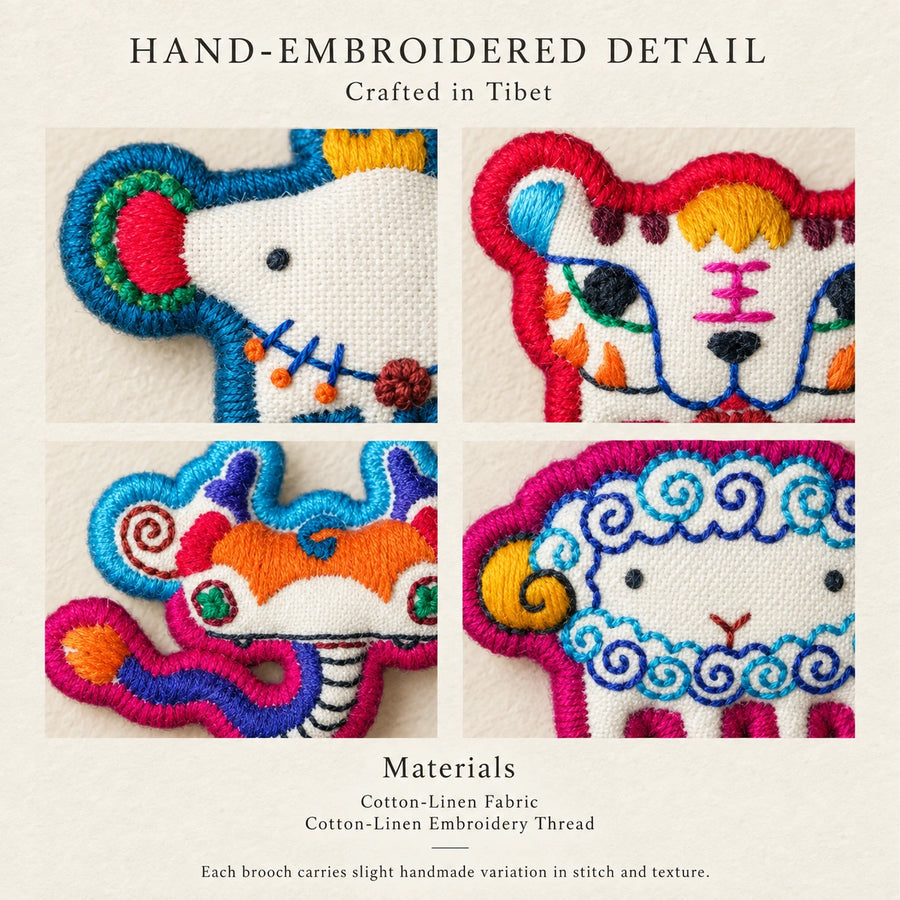 Close-up hand embroidery details of Kailora Chinese Zodiac cotton-linen brooches crafted in Tibet detail view 15 | Kailora