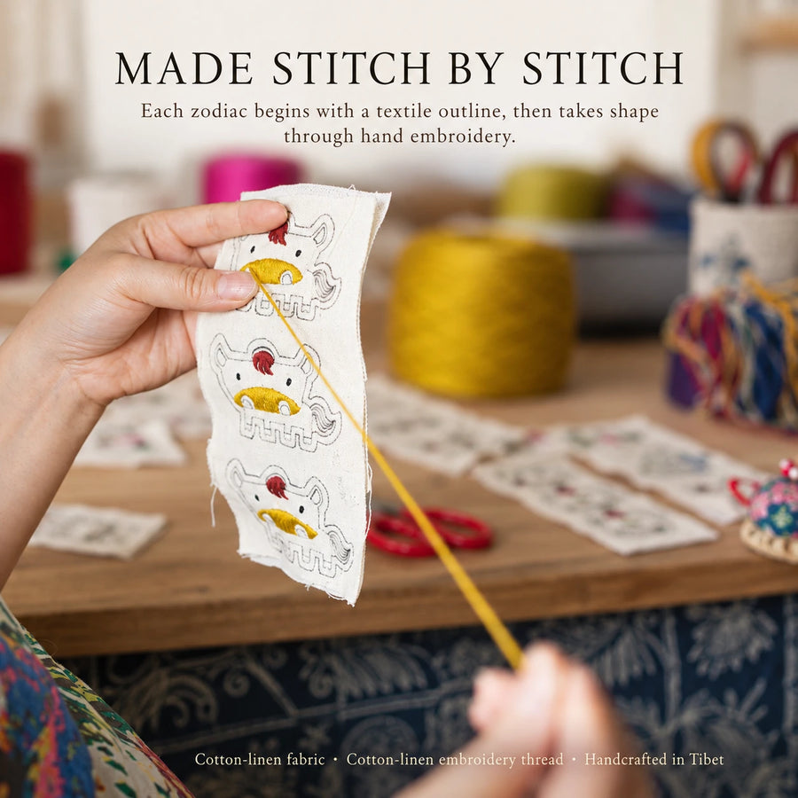 Hand embroidery process for Kailora Chinese Zodiac cotton-linen brooches in Tibet detail view 16 | Kailora