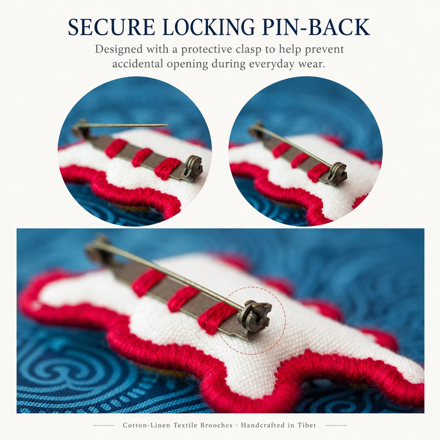 Protective pin-back fastening detail on Kailora Chinese Zodiac textile brooch detail view 18 | Kailora