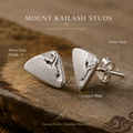 Close-up of Mount Kailash stud earrings with silver-tone finish and textured copper surface thumbnail 5 | Kailora