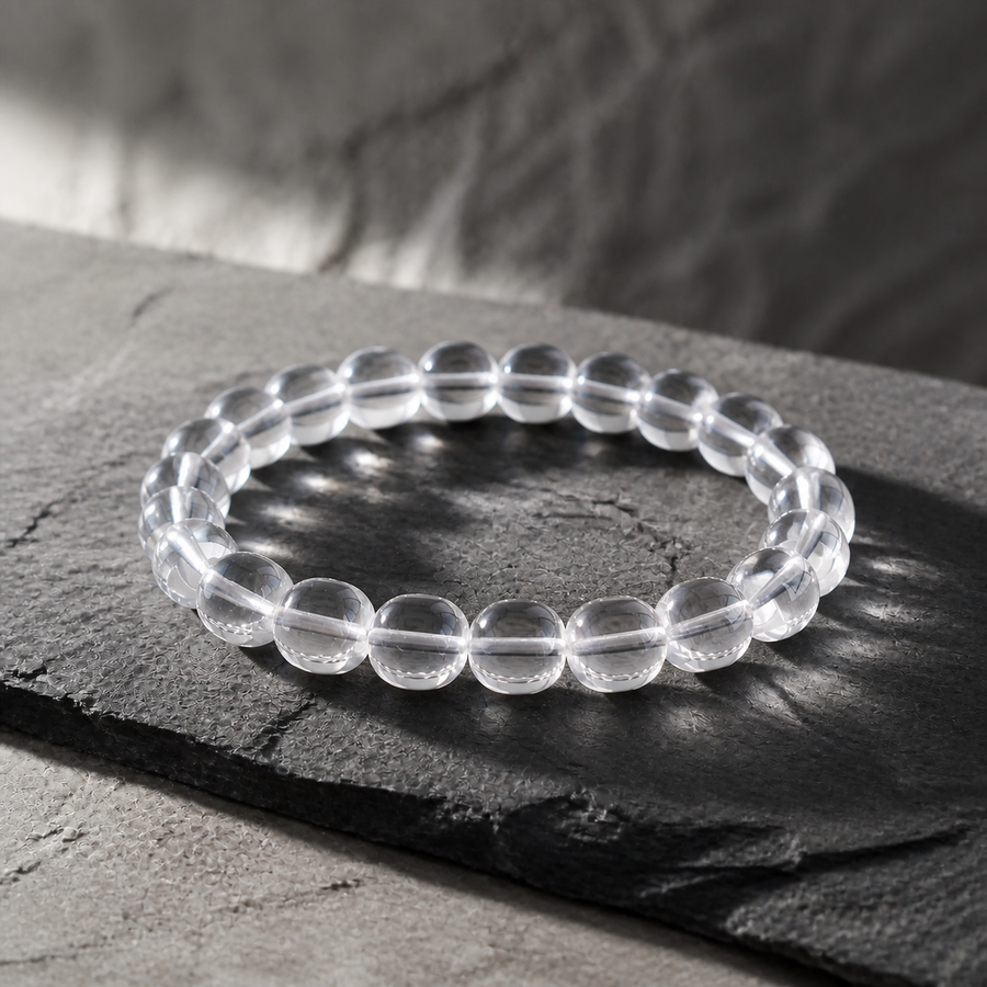 Natural Himalayan clear quartz barrel bead bracelet in soft daylight detail view 3 | Kailora