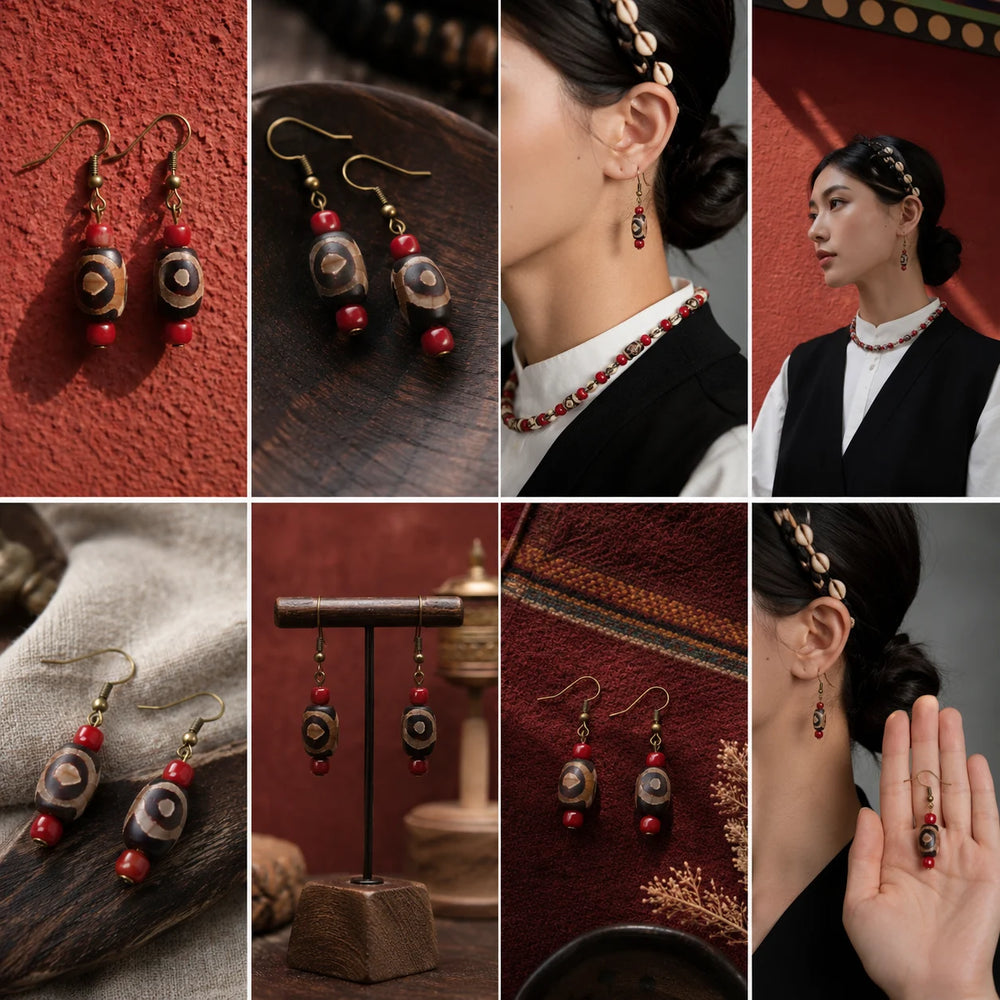 Tibetan-Inspired Agate Dzi Bead Earrings detail view 2 | Kailora