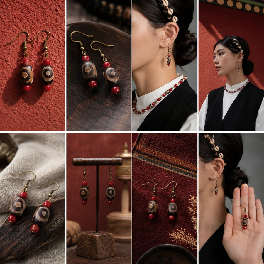 Handmade natural agate Dzi bead earrings with copper hooks by Kailora detail view 2 | Kailora