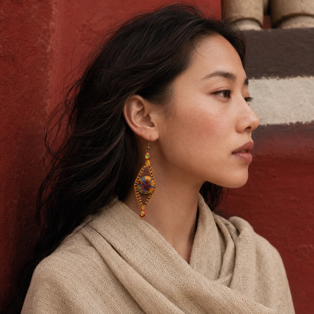 Tibetan-Inspired Hand-Crocheted Leather Embroidered Earrings detail view 3 | Kailora