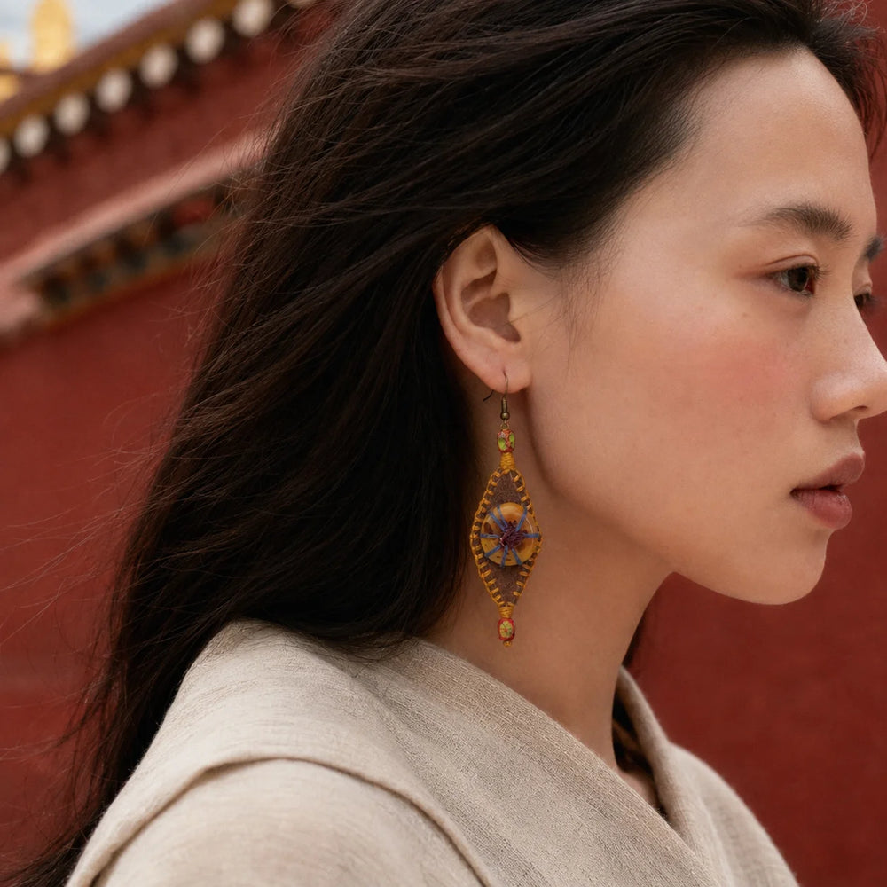 Tibetan-Inspired Hand-Crocheted Leather Embroidered Earrings detail view 4 | Kailora
