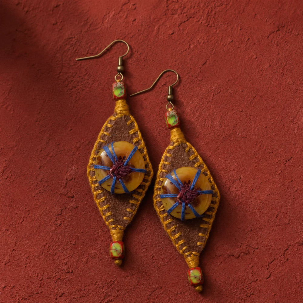 Tibetan-Inspired Hand-Crocheted Leather Embroidered Earrings detail view 5 | Kailora