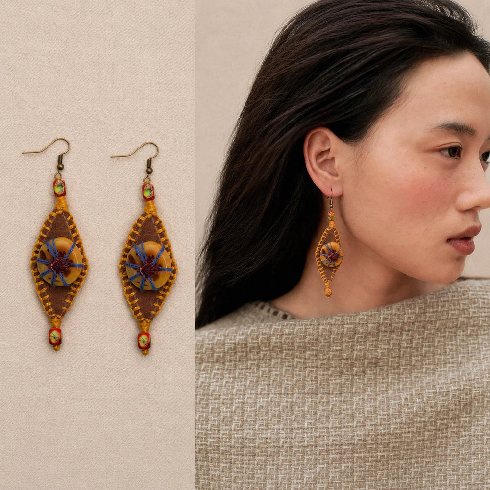 Tibetan-Inspired Hand-Crocheted Leather Embroidered Earrings front view | Kailora