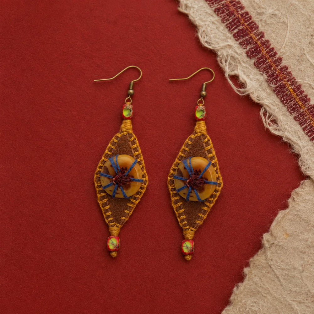 Tibetan-Inspired Hand-Crocheted Leather Embroidered Earrings detail view 2 | Kailora