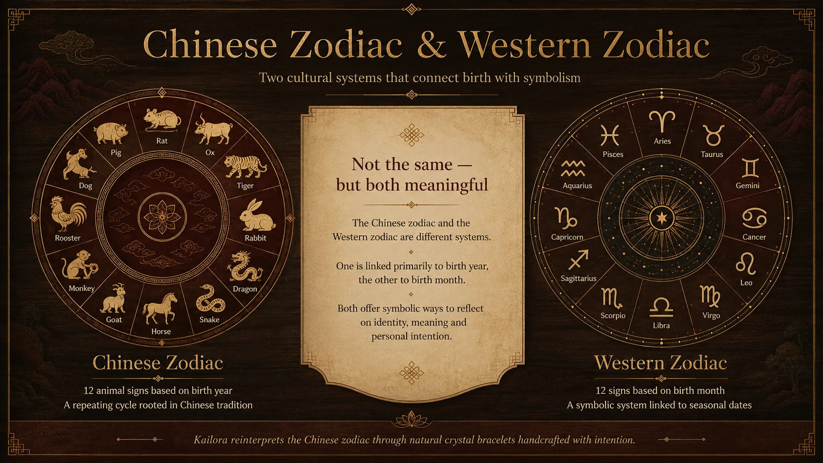 Comparison of the Chinese twelve-animal zodiac based on birth year and the Western twelve-sign zodiac based on birth dates