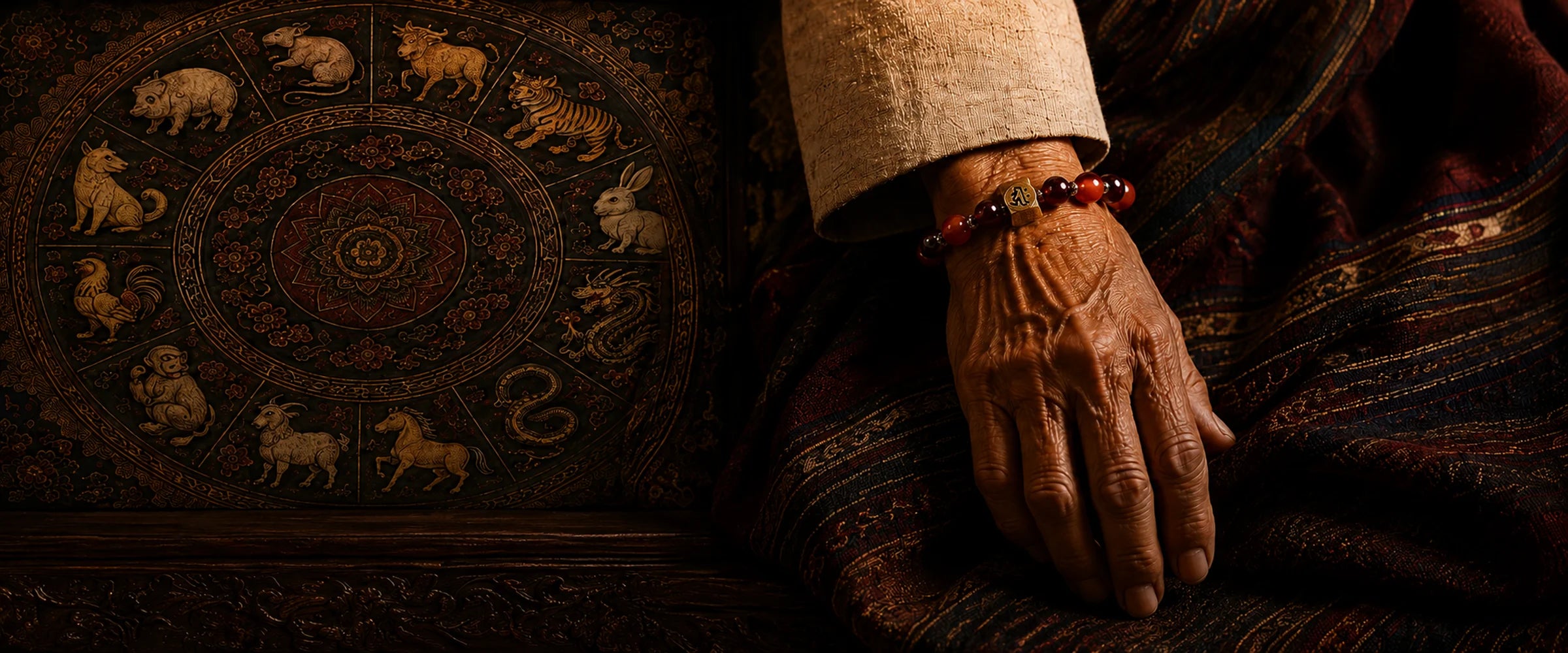 Chinese zodiac crystal bracelets displayed beneath a twelve-animal zodiac wheel