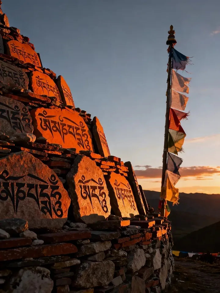 Carved stones and prayer flags at sunset