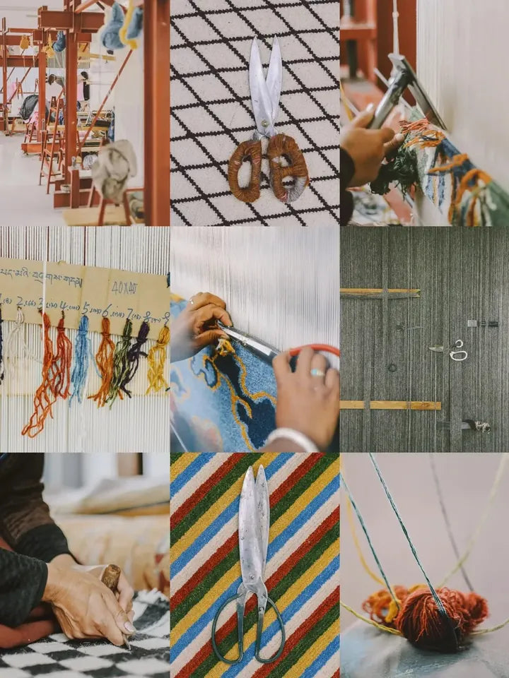 Tibetan weaving tools, dyed yarns, looms, and hands at work