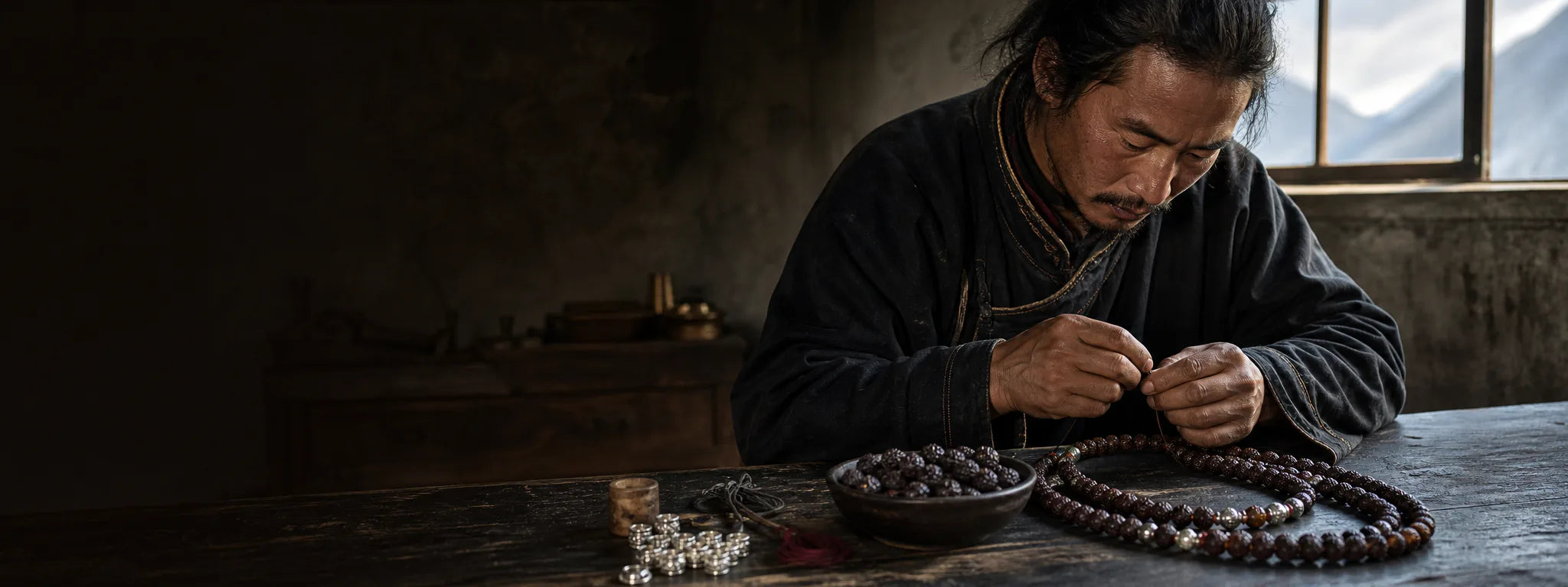 Tibetan-inspired artisan scene hand-stringing 108 mala beads
