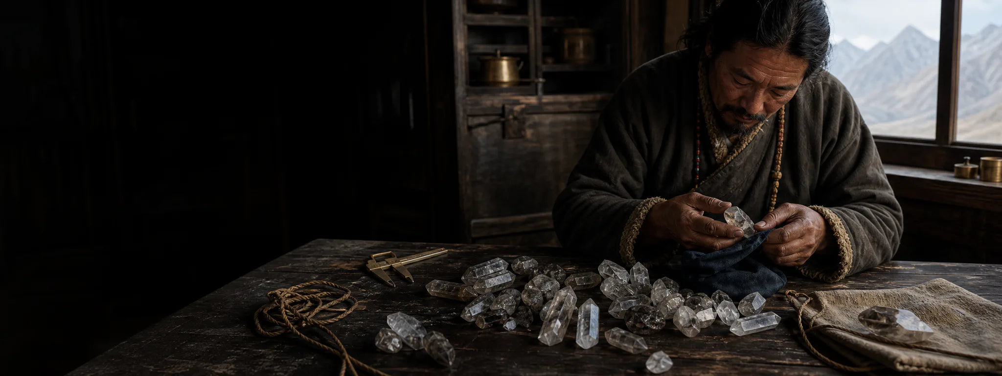 Tibetan-inspired artisan scene selecting natural crystal points for jewelry