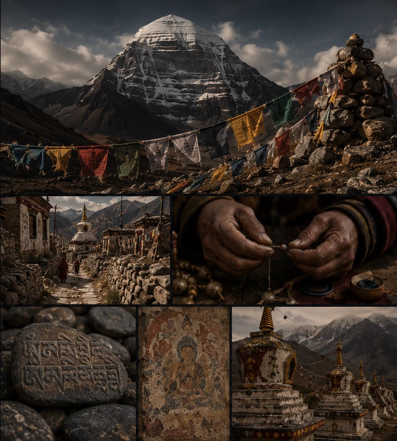 Kailora brand origin collage with Mount Kailash, Tibetan prayer flags, mani stones, sacred paths, and handcraft