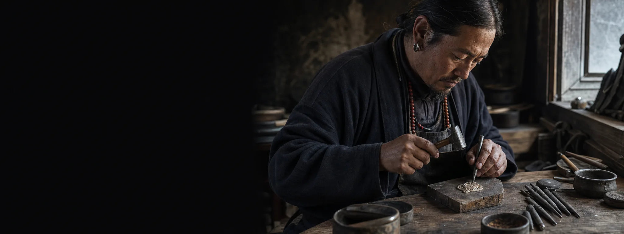 Tibetan-inspired silversmithing scene with hand chasing tools