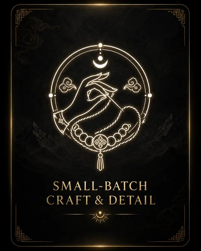Hand and mala bead artwork representing Kailora small-batch craft and jewelry detail