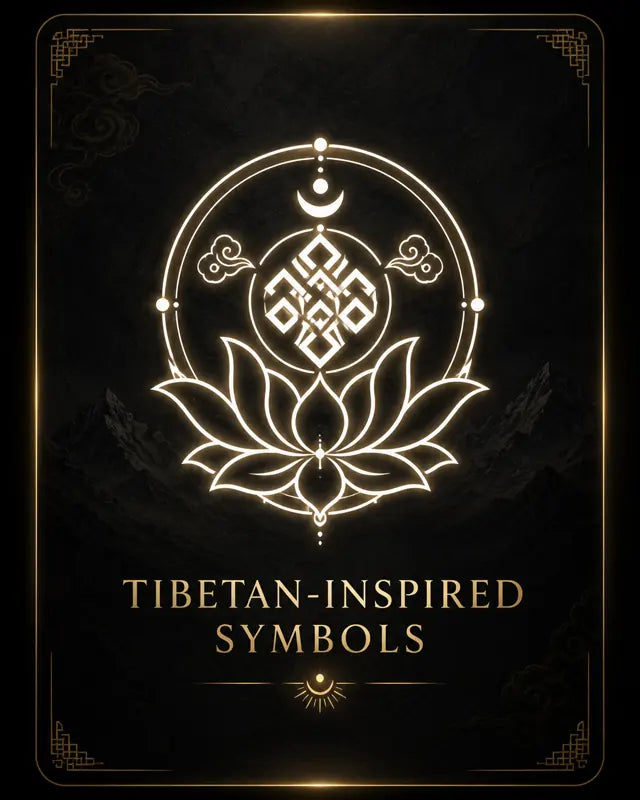 Tibetan-inspired symbols and lotus artwork representing Kailora sacred origins