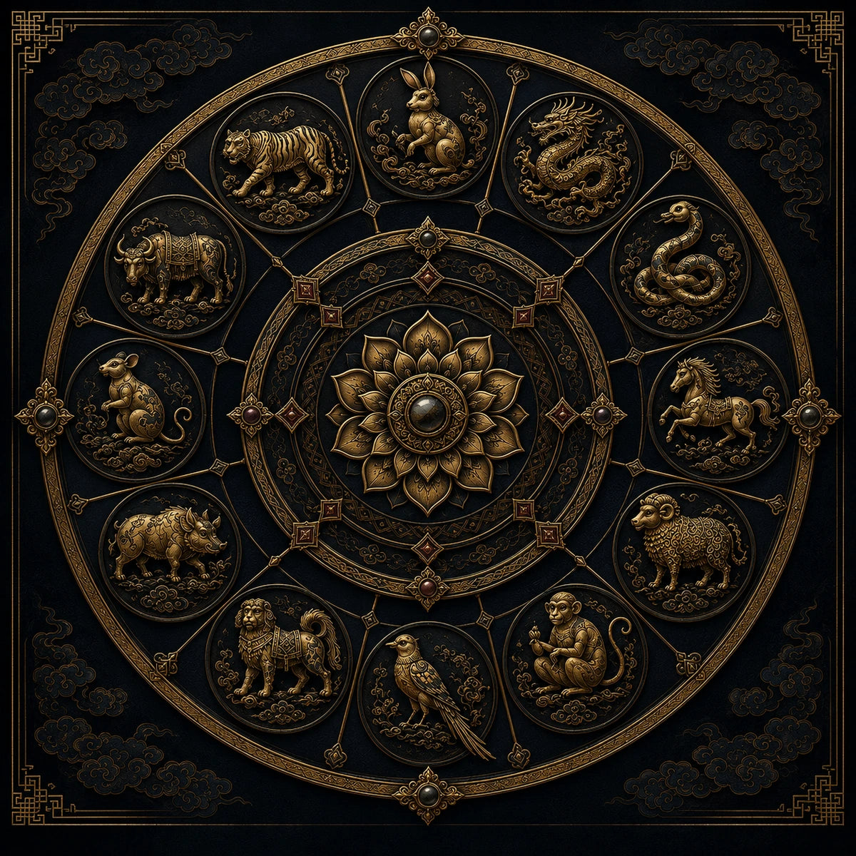 Twelve-animal Tibetan birth signature mandala
