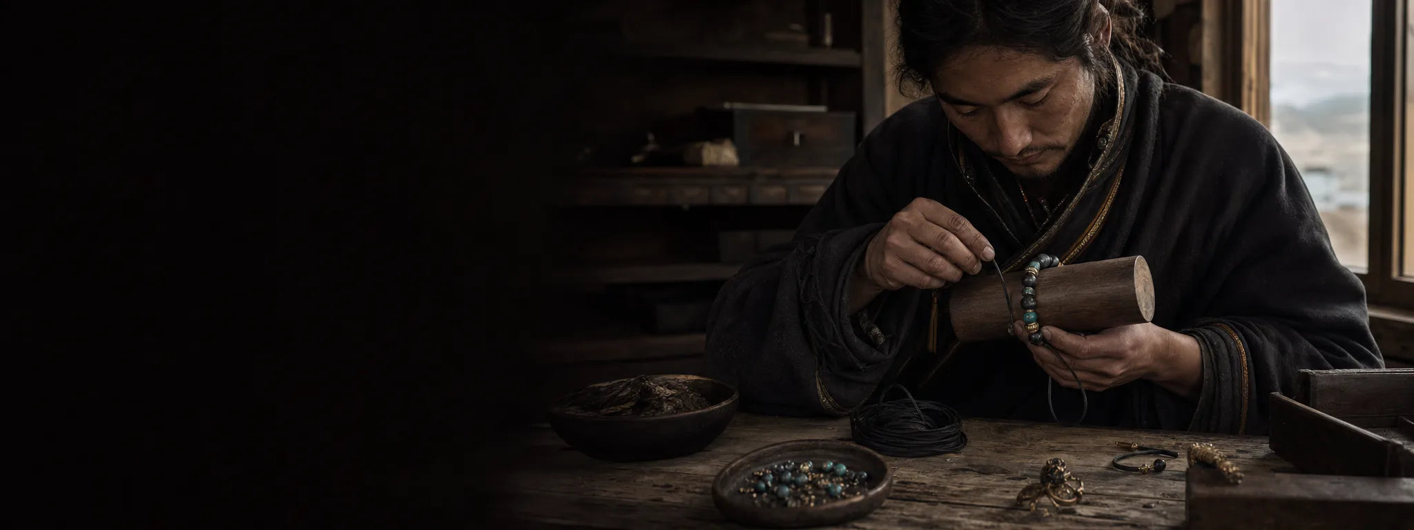 Tibetan-inspired artisan scene assembling a stone and cord bracelet